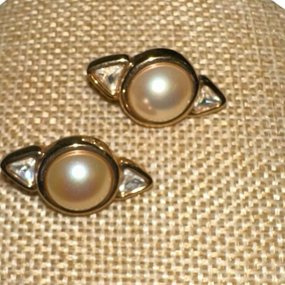 Vintage Swarovski SAL Faux Pearl Crystal Stud Earrings Gold Tone